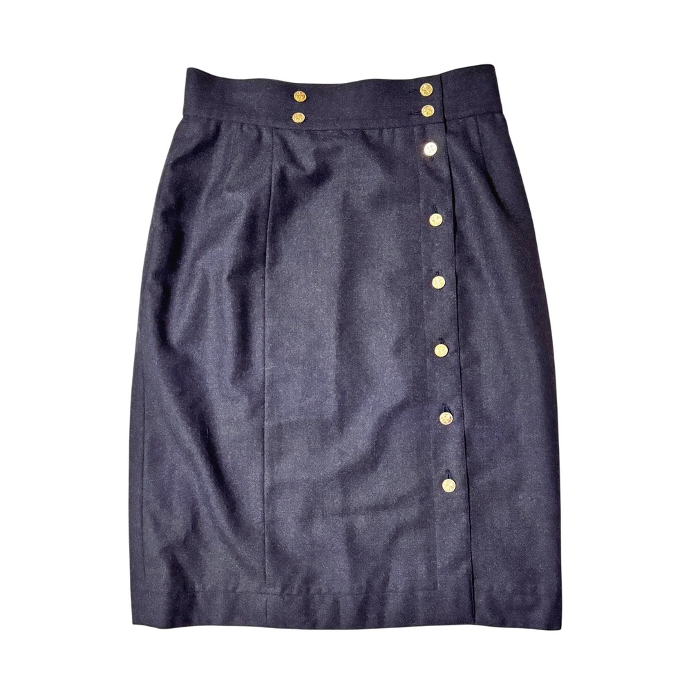 AUTH Chanel Pencil Skirt 44 Black Wool Button Gold VTG 80s 90s Made In France